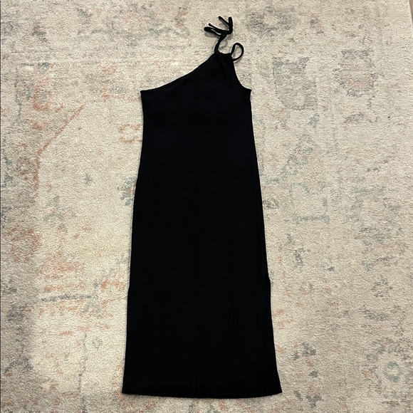 Old Navy Black One Shoulder Tie Ribbed Midi Dress with Side Slit and Shelf Bra - Picture 5 of 7